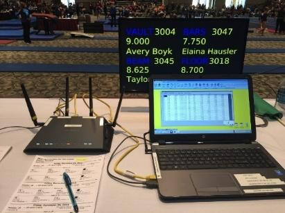 EliteScore MVP meet-day setup with wireless router and laptop running the scoring software