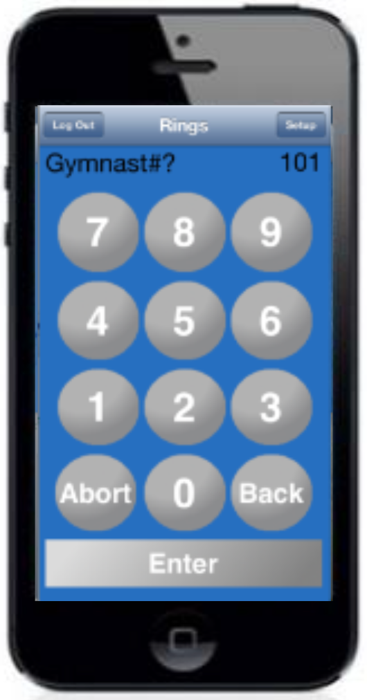 EliteScore judge score entry on a phone showing the Rings event keypad