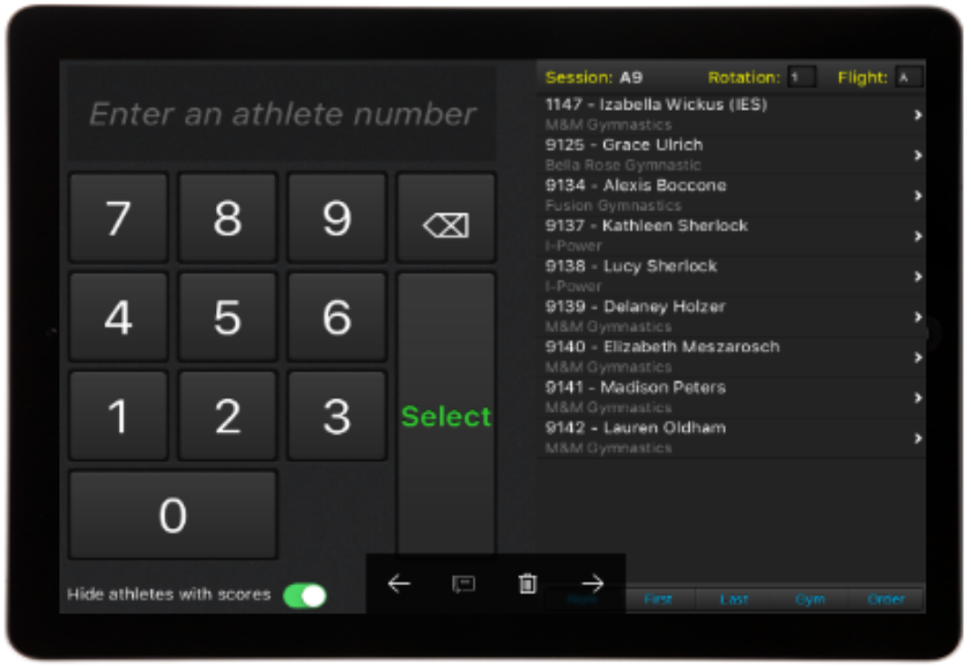 EliteScore judge score entry on a tablet with a numeric keypad and athlete roster