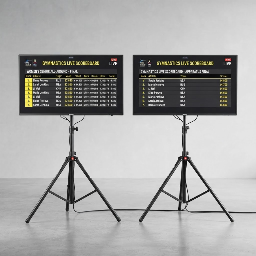 Dual 43-inch monitors on tripod stands displaying live gymnastics scores